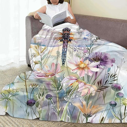 Throw Blanket, Boho Watercolor Dragonfly Throw Blankets for Adult Kids Boys Girls, Wildflowers Decor Gifts for Home Bed Couch 50x60 Inches