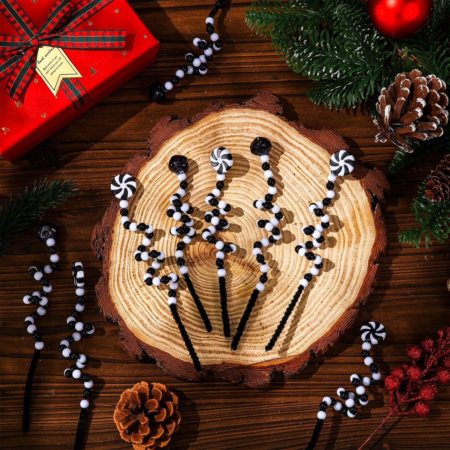 Tigeen 50 Pcs Christmas Candy Cane Pick White Black Christmas Tree Curly Pick Ornaments Xmas Candy Shape Tree Topper Decorations Home Office Crafts