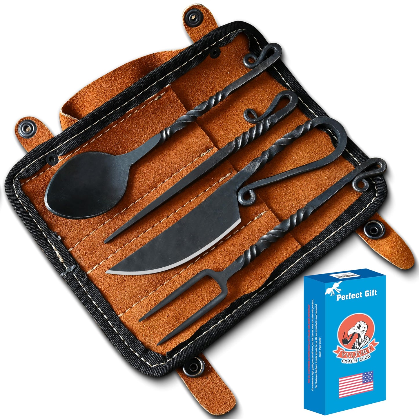 VULTURE CRAFTS CLUB, Medieval Silverware Set with Leather Cover - Hand Forged Medieval Cutlery Set - Viking Camping Utensils, Medieval Decor, Gifts - 4 Pcs Viking Utensils Set Fork Spoon and Knife Set (all Black)