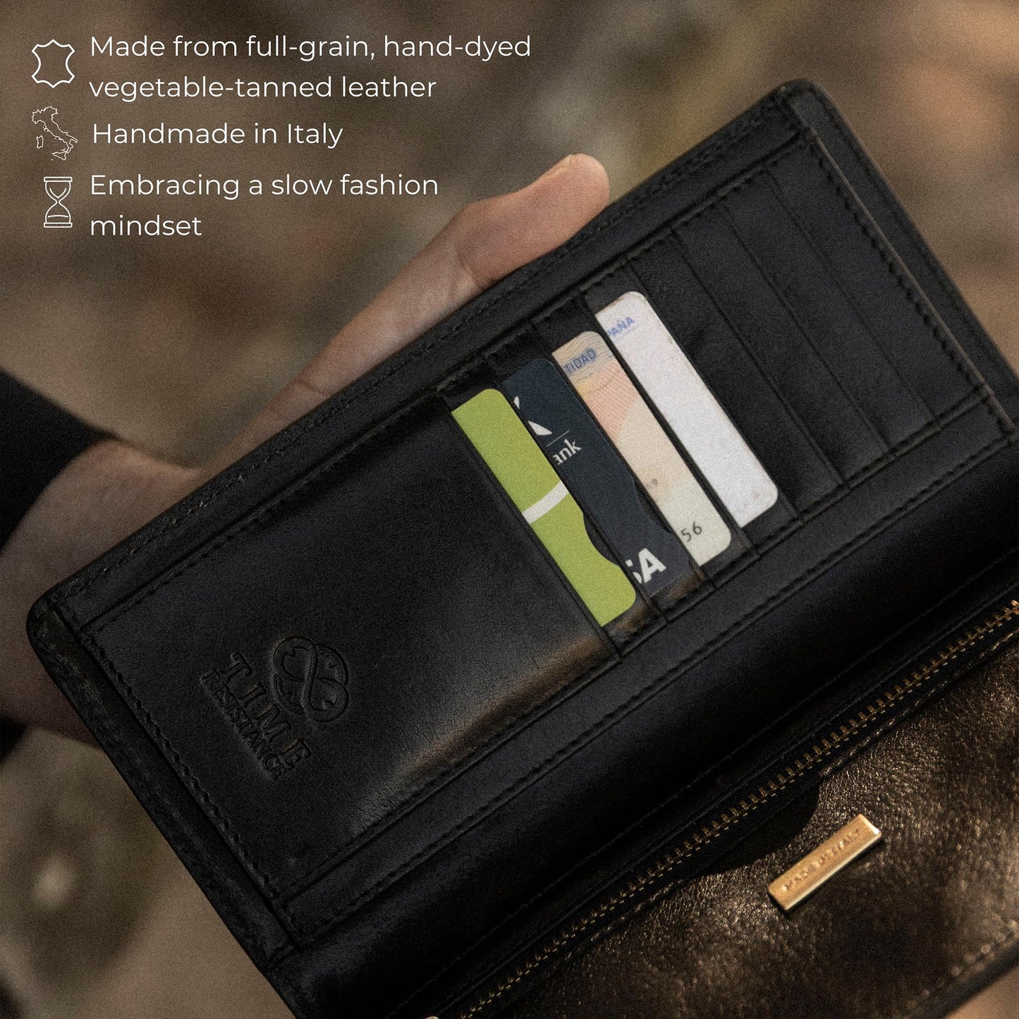 Time Resistance Long Leather Wallet - Bifold Mens Suit Leather Wallet - Checkbook Wallet - Tall Billfold Card Case - Slim Wallet Made in Italy (Black)