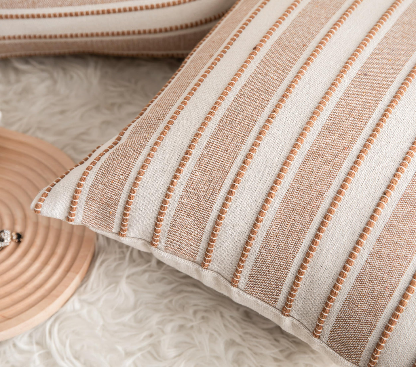 Cethom Decorative Boho Throw Pillow Covers, Farmhouse Textured Pillow Case, 20 x 20 Inch Set of 2, Chair Sofa Bedroom Living Room Home Decor Couch Cushion Case, Brown and Beige Striped