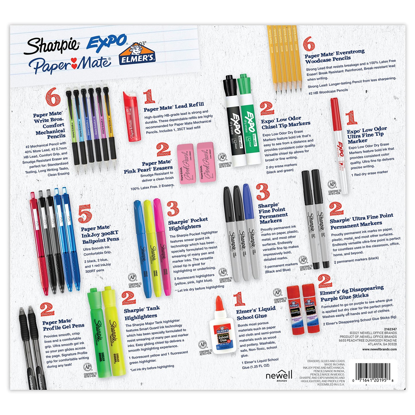 Sharpie School Supplies Kit Highlighters Mechanical Pencils Glue Sticks Erasers Permanent Markers Gel Pens Pencils School Glue and more from Sharpie Elmer’s Paper Mate & Expo 38 pieces