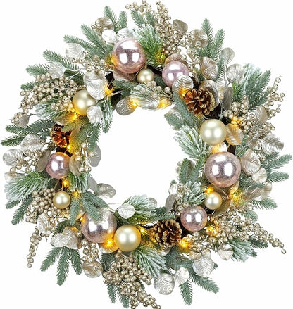YULETIME 24" Christmas Wreath, Artificial Holiday Wreath with Baubles, Berries, Leaves, Spruce Branches, Snowy Pine Needles (Pink Bauble)