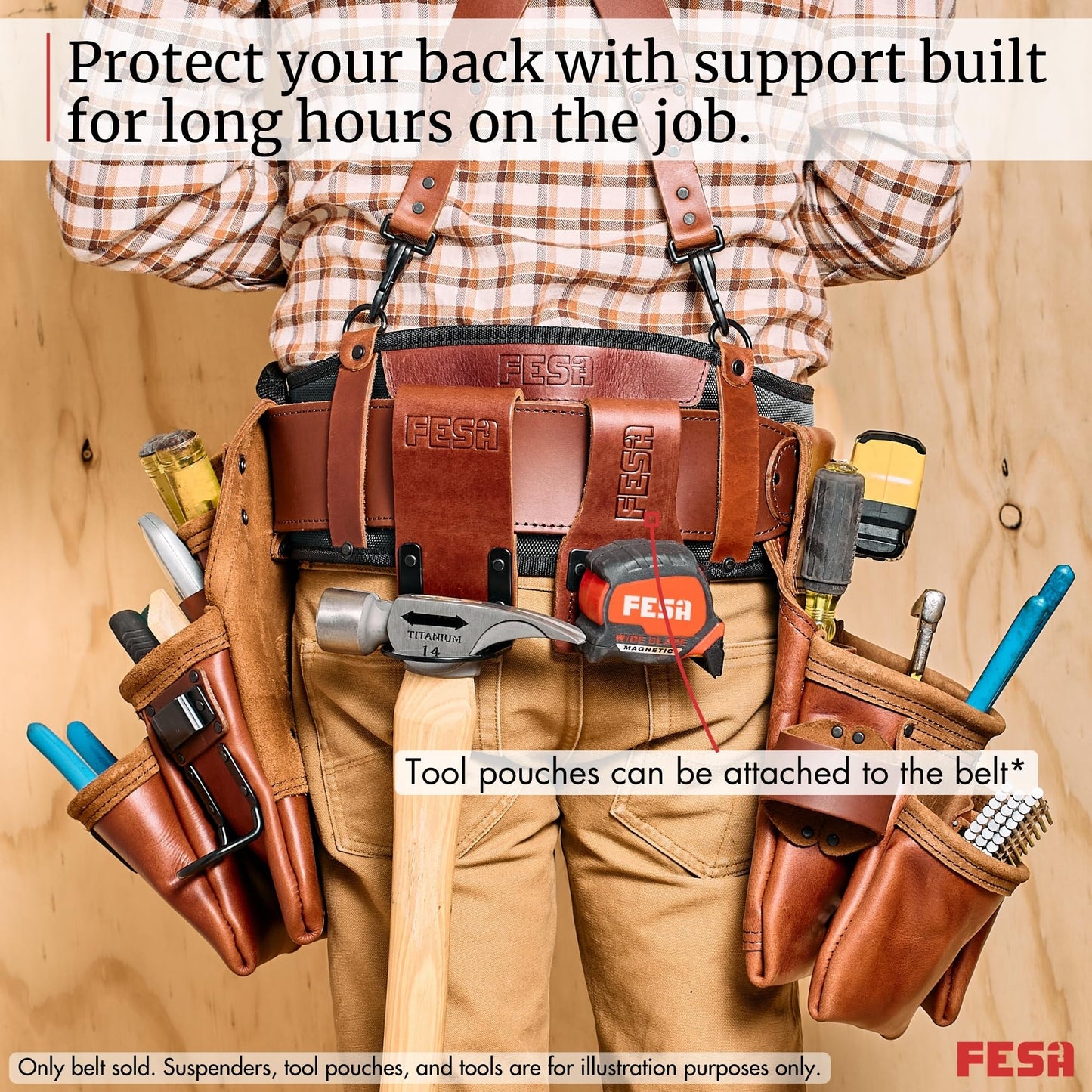 FESA Padded Tool Belt with Back Support - Padded Leather Tool Belt with D-rings for Suspenders - Perfect for Electricians, Carpenters & Framers - Adjustable from 37"-44" - Handcrafted (Cherry)