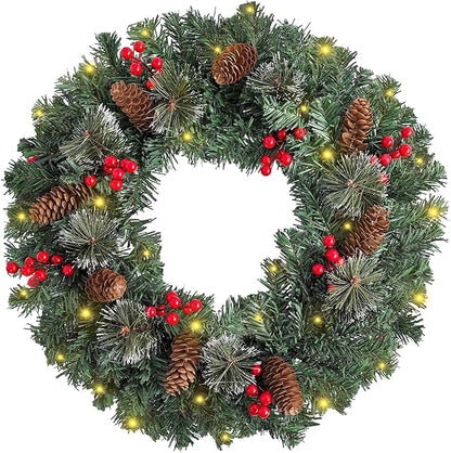 FR Artificial Pre-Lit Fir Christmas Wreath Holiday Accent Decoration, Wintry Pine, Decorated with Pine Cones Berry Clusters Frosted Branches, with LED Lights for Door, Mantel 20 Inch