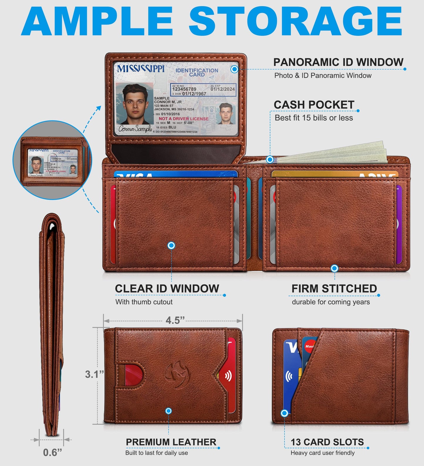 Housmai Mens Wallet: 2 ID Windows & 13 Card Slots Slim Leather Bifold, RFID Blocking Front Pocket Wallet for Men, Gift Box