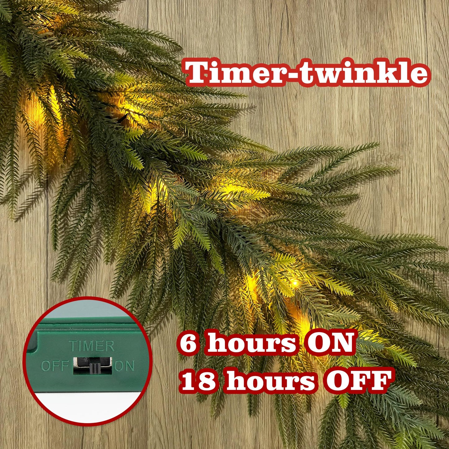 MINDELF 6 FT Artificial Christmas Norfolk Pine Garland, Real Touch Pine Garland with 20 LED Lights, Mixed with Noble Fir, ‌Heavier and Larger, Timer, Perfect for Table Window Mantel Indoor Outdoor