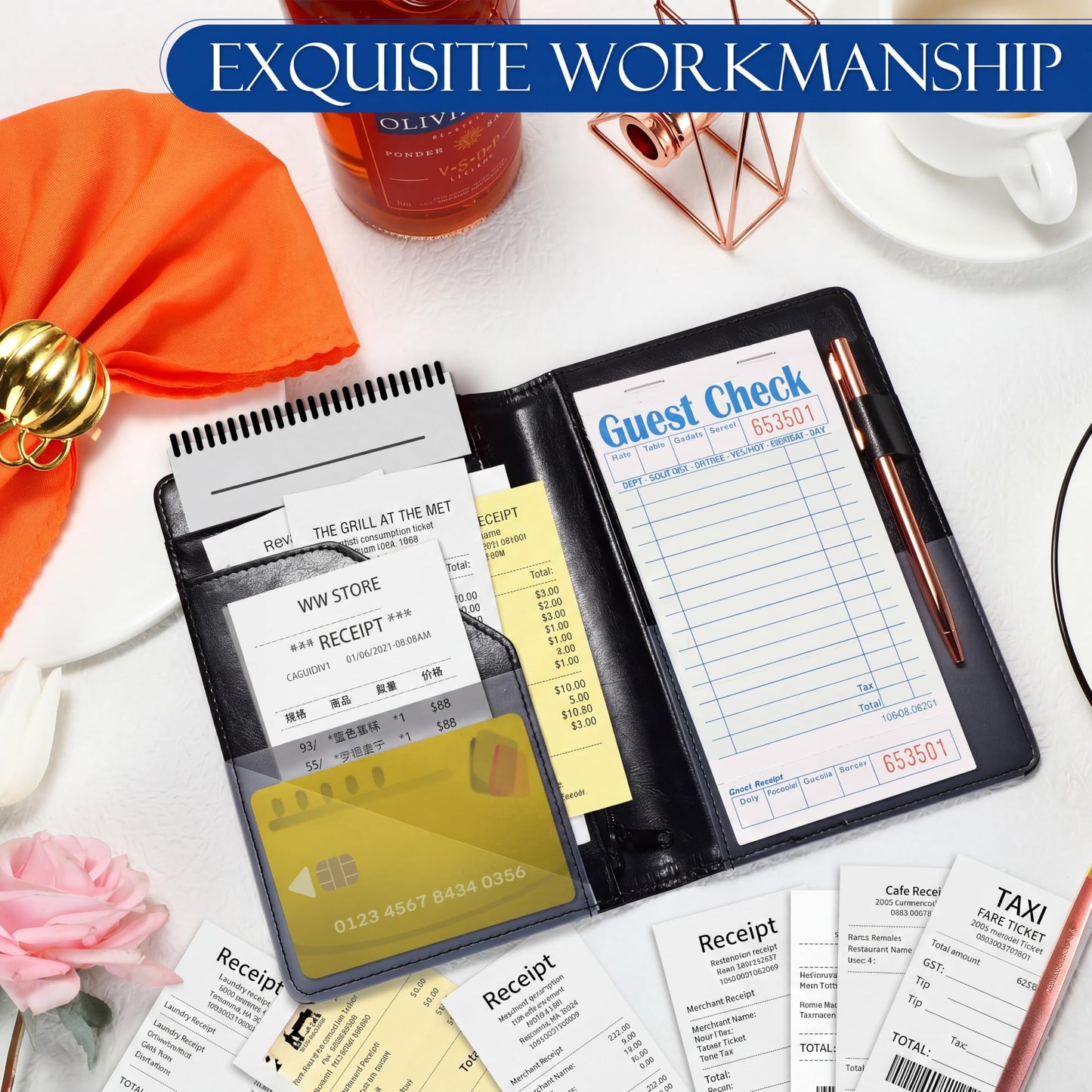 Containlol 6 Pcs Waitress Server Books Guest Book Pad Leather Money Organizer Wallet Organizer Waiter Cash Check Bill Receipt Holder with Pocket for Waitstaff Fit Apron(Classic Style)