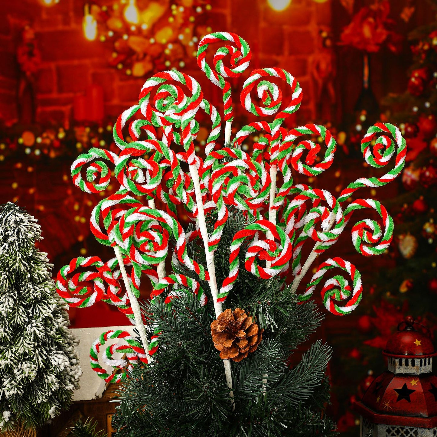 Gerrii 12 Pcs Red Green White Candy Cane Christmas Decoration 16" Tree Pick Peppermint Christmas Ornament Xmas Tree Topper Woolen Curly Lollipop Pick Spray for Holiday Party Vase Wreath Garland