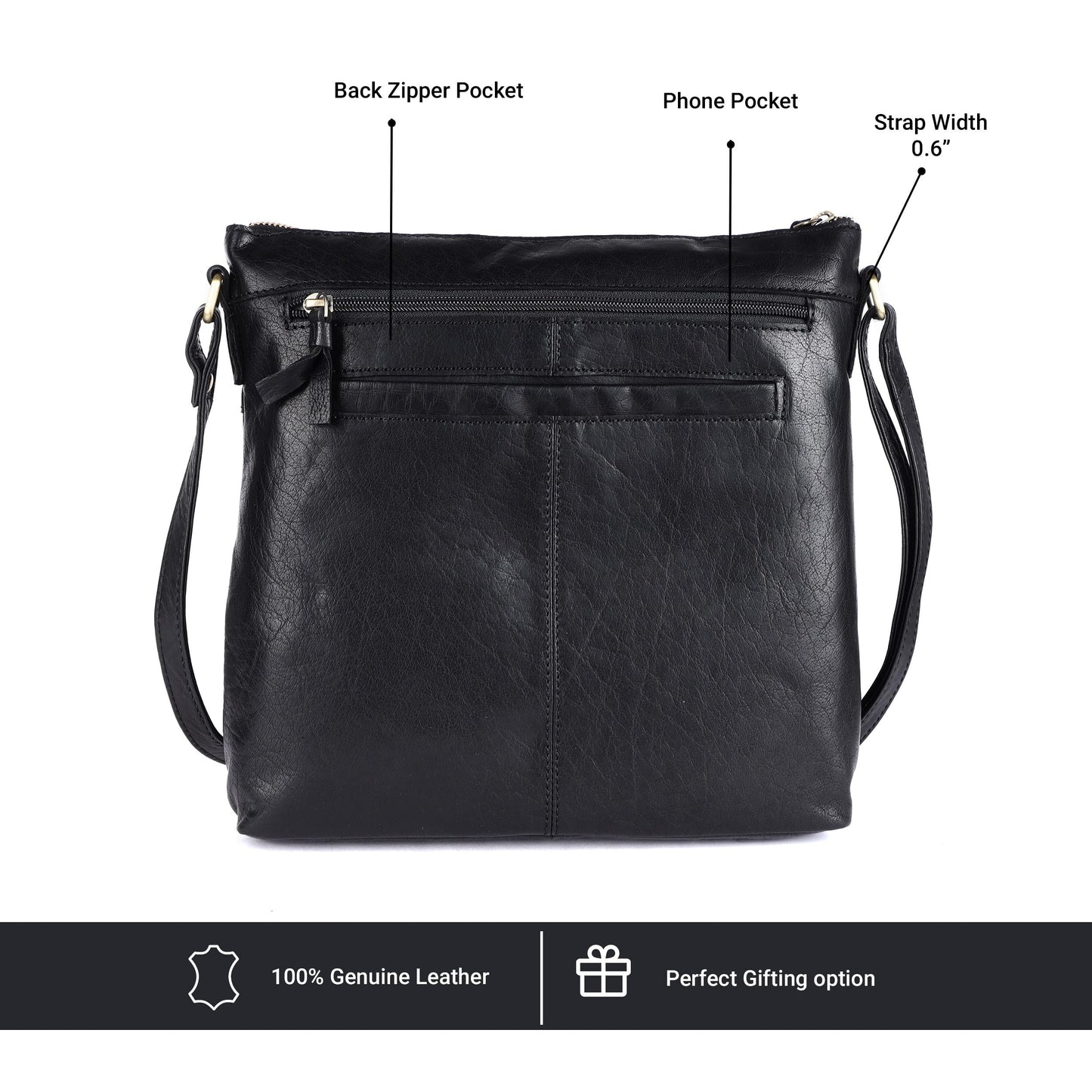 LEDERBUCK Olga Women's Extra-Large Genuine Leather Crossbody Purse – Soft Triple-Zip Shoulder Bag (Black)