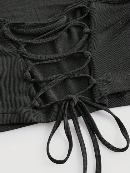 SOLY HUX Women's Cowl Neck Crop Camisole Top Lace Up Ruched Sleeveless Y2k Tops Plain Black Medium