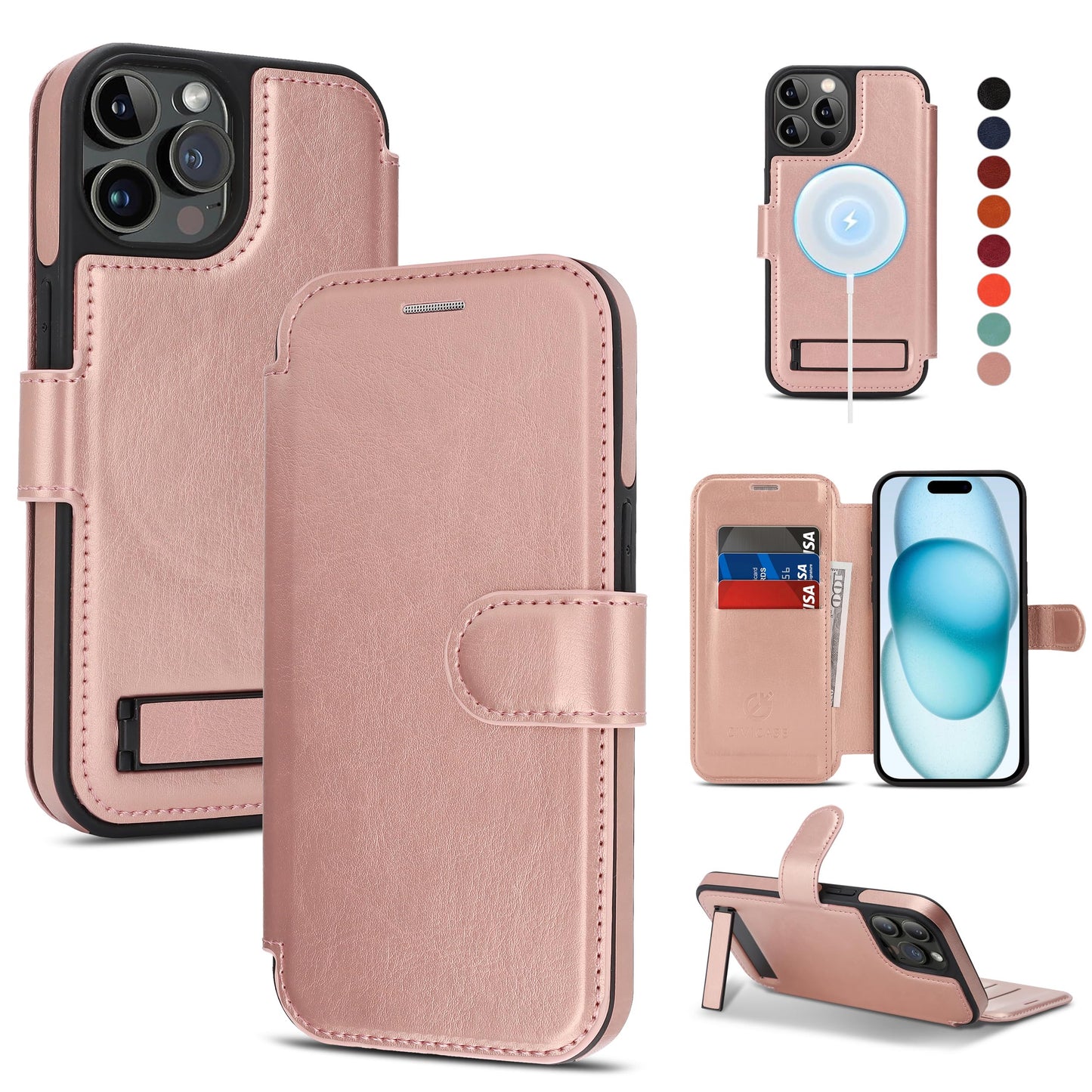 CIVICASE for iPhone 15 Pro Max Wallet Case with Stand,PU Leather Flip Credit Card Holder Slots (RFID Blocking),Compatible with Magsafe Magnetic Holder Phone Cover Women Men,Rose Gold