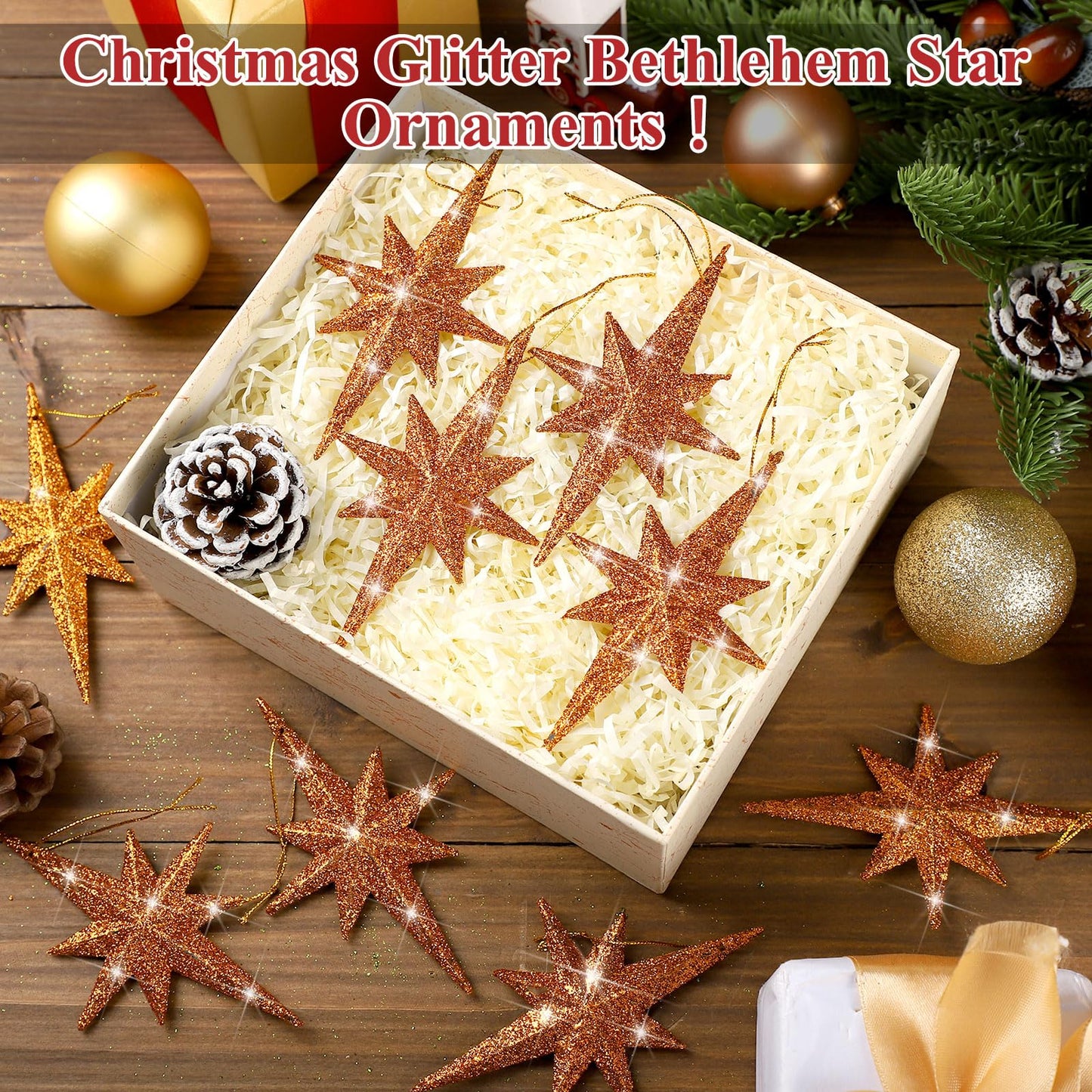 Quzzil 12 Pcs Christmas Bethlehem Star Bronze Ornament 4.72 x 2.95 Inch Star of Bethlehem Christmas Tree Topper Glitter Ornament Plastic Nativity Stars Hanging Decor Accessories