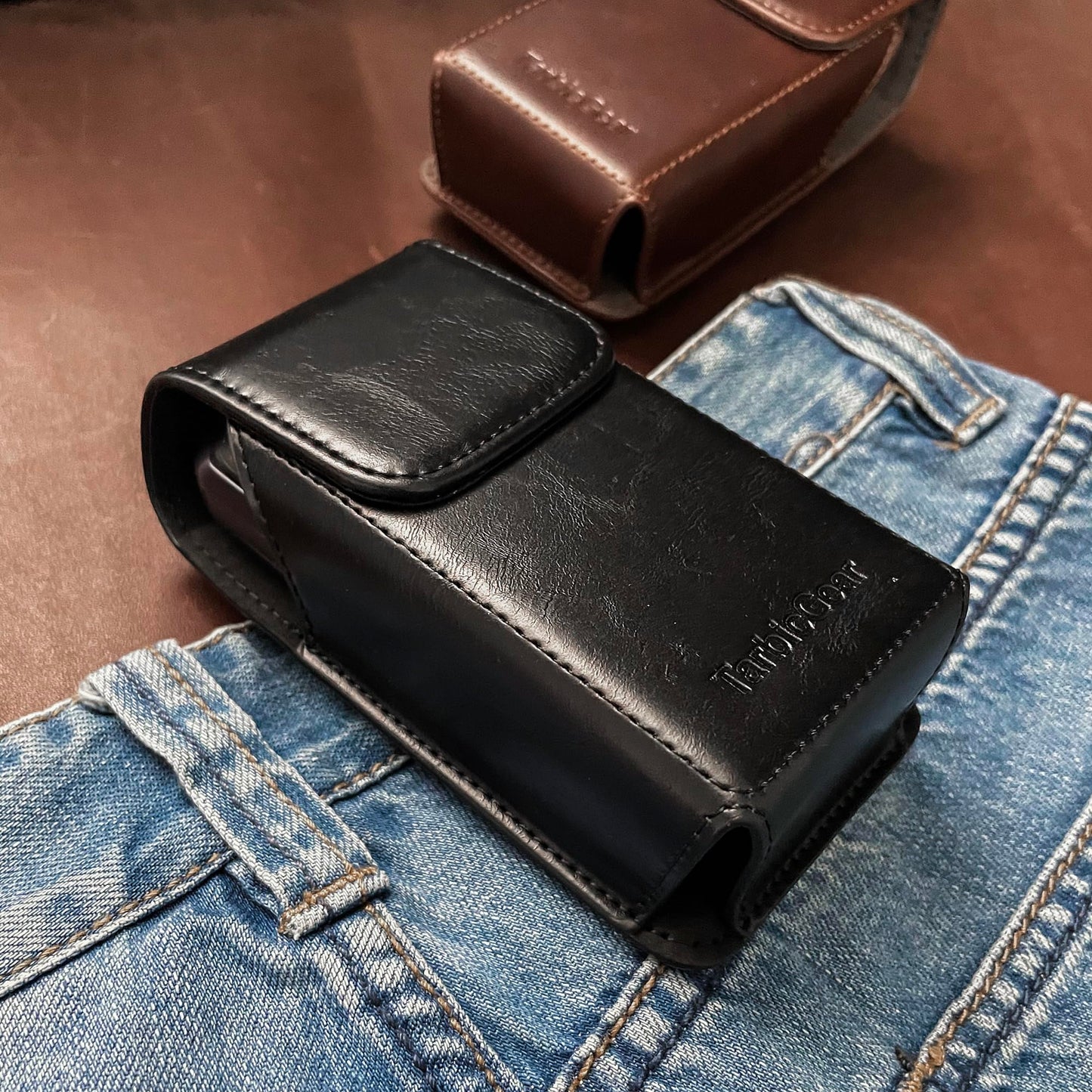 TarbicGear Leather Flip Phone Case with Belt Clip, Pouch for Kyocera & TCL & Nokia Flip Phone Holster for Belt, Cat S22 Case, Phones Sheath, Sonim XP3 Plus Magnetic Phones Pouch (Black)
