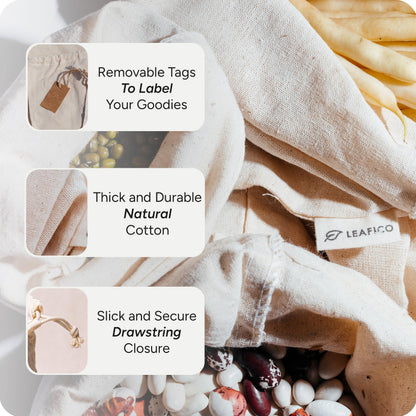 LEAFICO Cotton Storage Bags – X-Large 14x17 Inch (6-Pack) – Reusable Muslin Bags with Drawstrings – Biodegradable Canvas Fabric Sacks – Perfect for Bread, Bulk Produce, Potatoes, Onions, Shoes