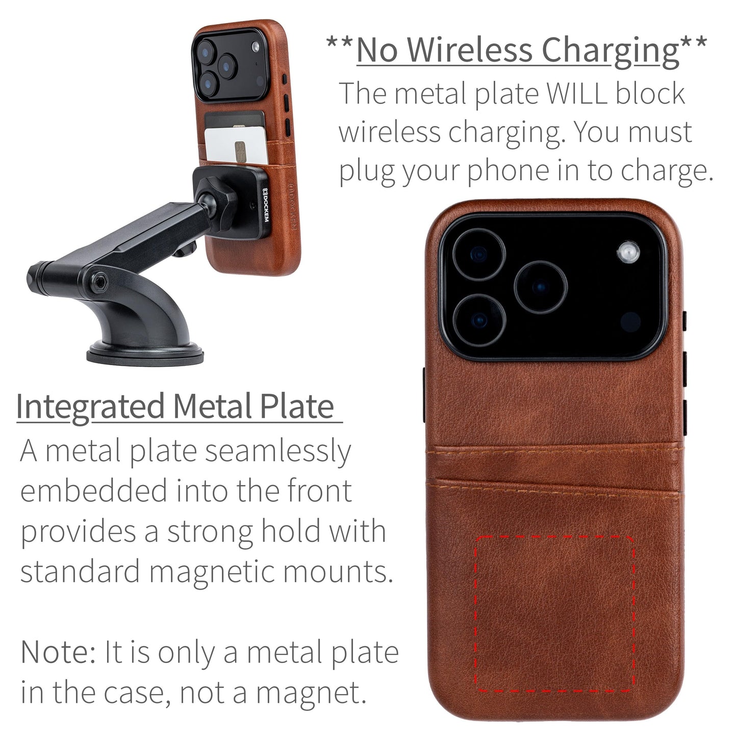 Dockem Card Case for iPhone 17 Pro with Magnetic Mounting Plate, Camera Control Button, Wallet with 2 Holder Slots: M2 Exec Premium Synthetic Leather (Brown)