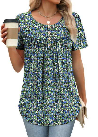 WIHOLL Plus Size Tops for Women Dressy Summer Outfits Button Down Shirts Short Sleeve Spring Clothes Graphic Tees Floral Blue 2XL