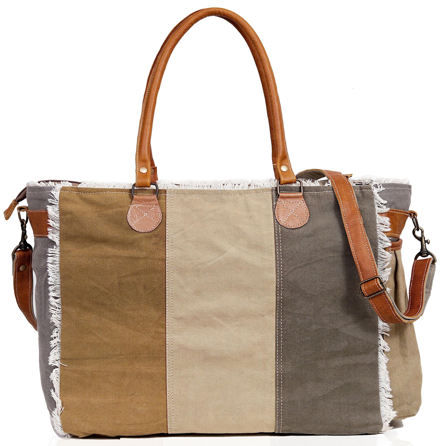 CLA Bags SEL de MER Large Upcycled Canvas & Cowhide Leather Crossbody Tote Handbag for Women (Cream & Grey Color)