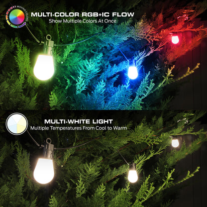 Monster 24 Foot Outdoor Smart RGB+IC+WW String Lights, 12 Bulb Color Flow Dimmable LEDs, Sound Reactive, Water & Weather Resistant, Compatible with Alexa, Siri, Google Home, App