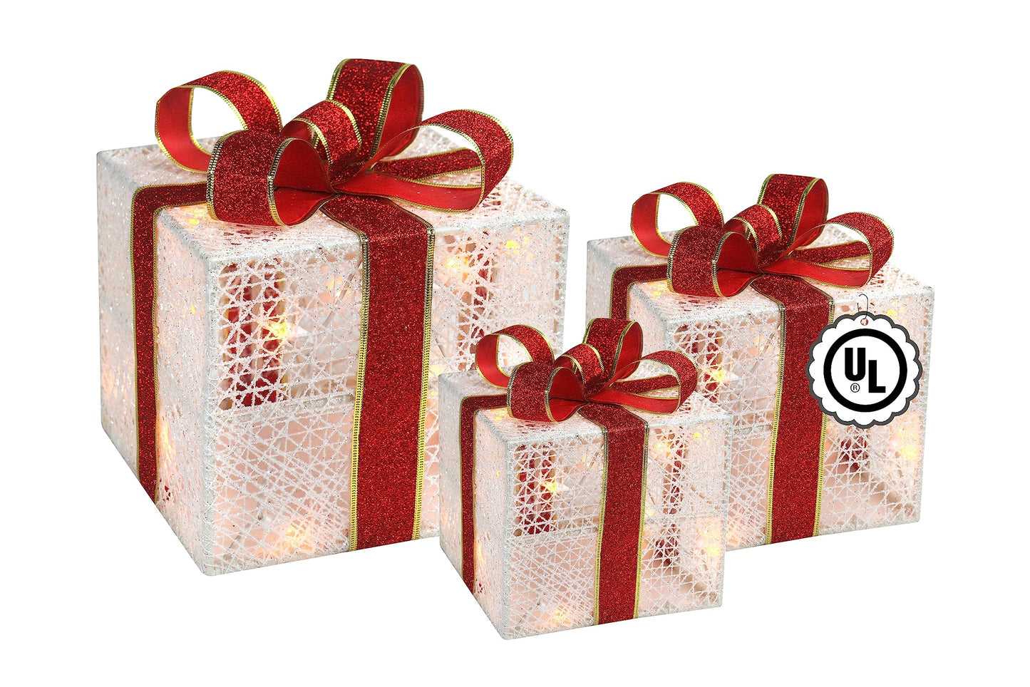 3-Piece Lighted Gift Boxes - Pre Lit Christmas Decoration with Ribbons for Indoor/Outdoor Use (8in) - Weather Resistant Yard Home Decor with Warm UL Lights