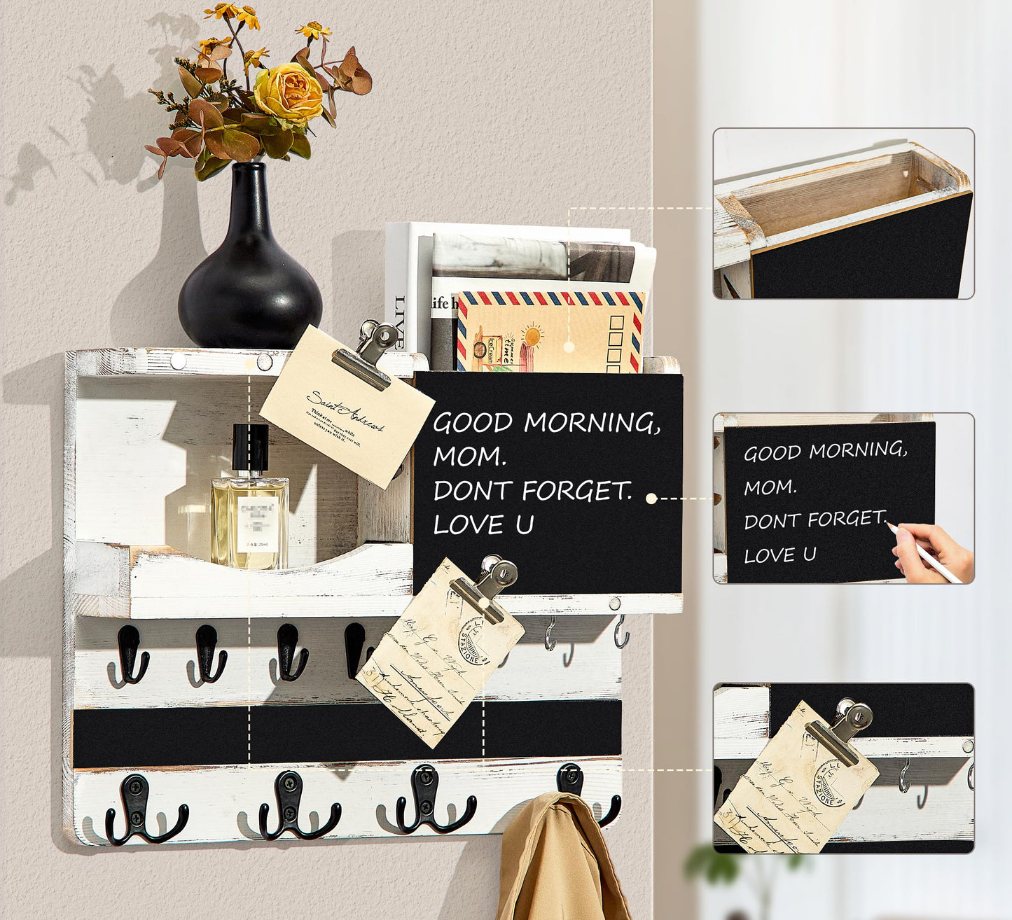 HEKOOLA Key Holder for Wall Mount with Shelf and Mail Organizer, Key and Mail Holder with 16 Hooks, Farmhouse Entryway Organizer, Home Decor Rack (Pine Wood, White Washed)