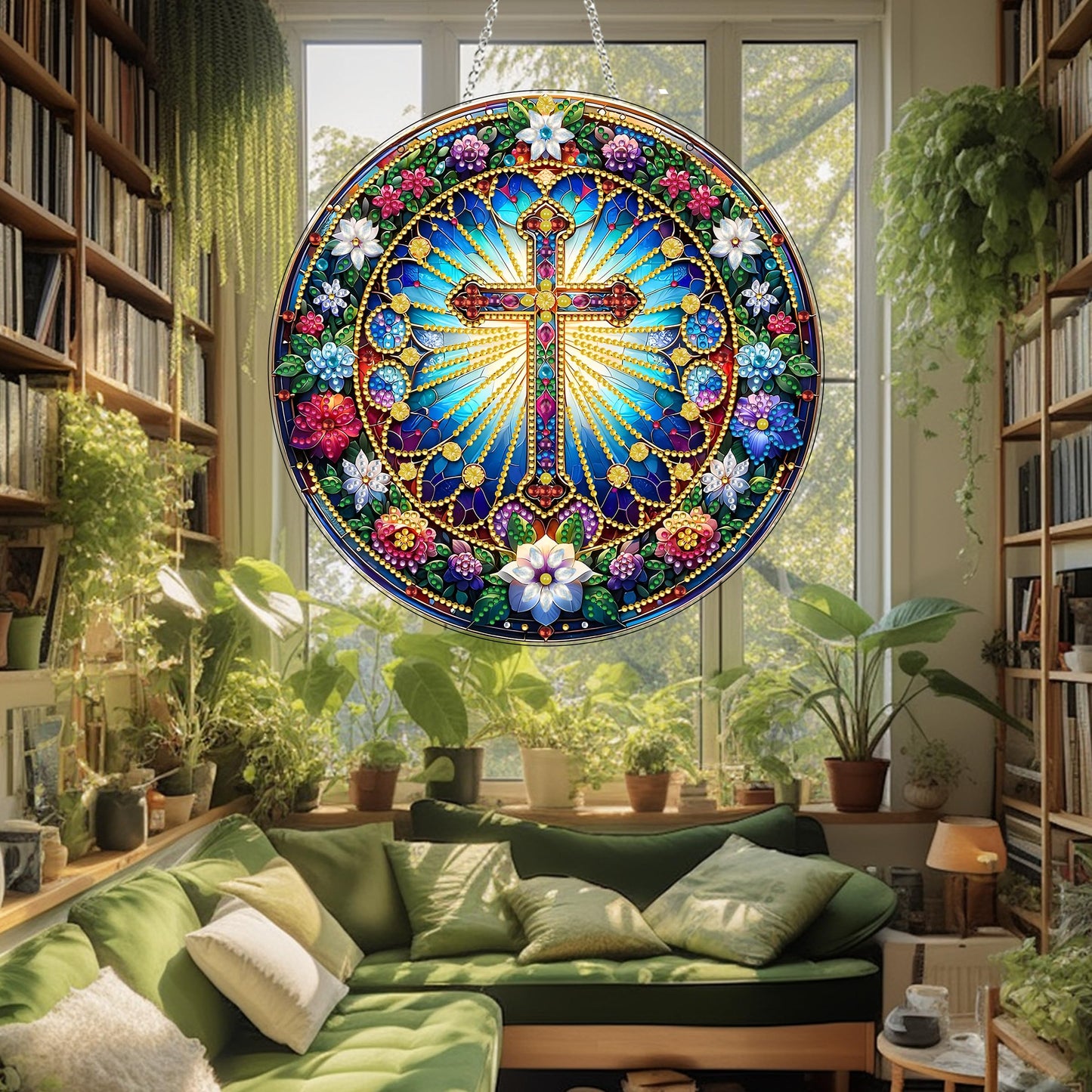 DIY Acrylic Diamond Art Painting Wreath Kits Special Shaped Rhinestone 5D Diamond Art Window Pendants Home Garden Wall Hanging Kits Hanging Ornament (Cross-2)