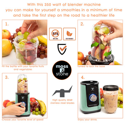 Moss & Stone MiniSmoothie Blender, Compact Personal Blender with Additional Cups Bullet Shape For Frozen Drinks, To-Go Portable Cups with Lids, Juice & Smoothie Maker