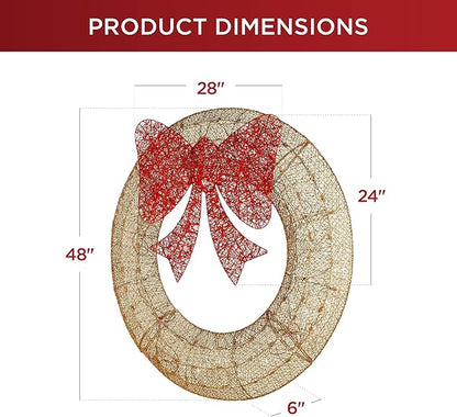 Best Choice Products 48in Pre-Lit Outdoor Christmas Wreath Decoration, LED Metal Holiday Decor for Home w/ 140 Lights, Bow - Gold/Red