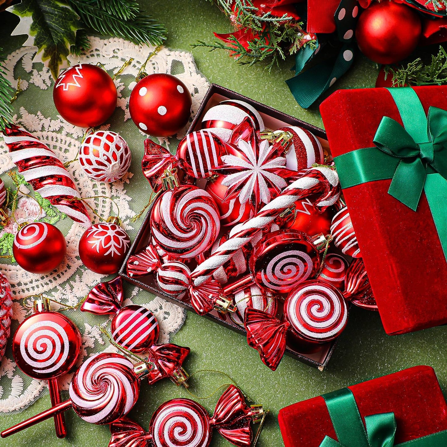 Knitgrip 50 Pcs Christmas Candy Cane Lollipop Ornaments Christmas Peppermint Candy Tree Balls Decorations with Rope Plastic Xmas Hanging Ornaments for Party Decor(Red, White)