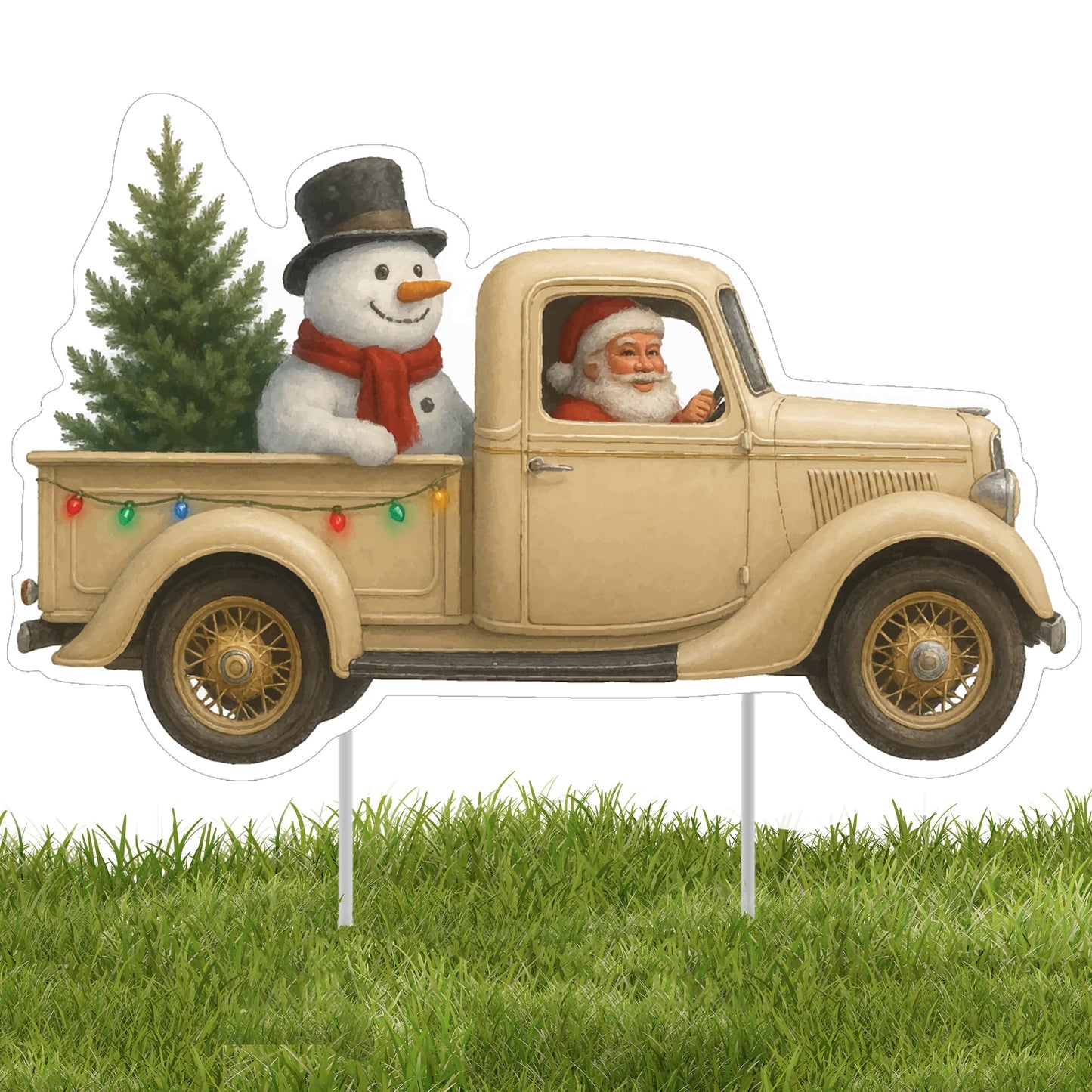 White Truck Christmas Santa Claus Classic Yard Sign for Home Decor and Lawn Decoration With Stakes, Green Merry Christmas Sign Presents