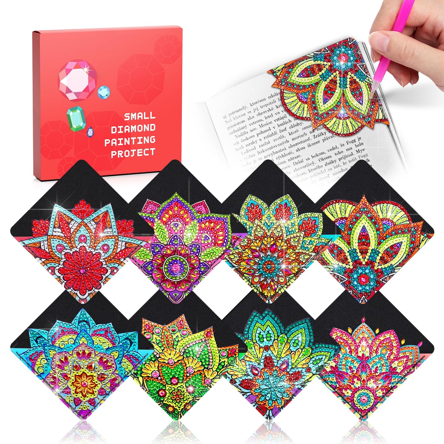 8 PC Diamond Art Corner Bookmarks Leather Bookmark Kit for Adults Paint by Dots Bookmarkers Craft DIY Gem Small Dotz Gifts for Mom, Christmas Gifts for Women, Mandala Flower Black Lotus