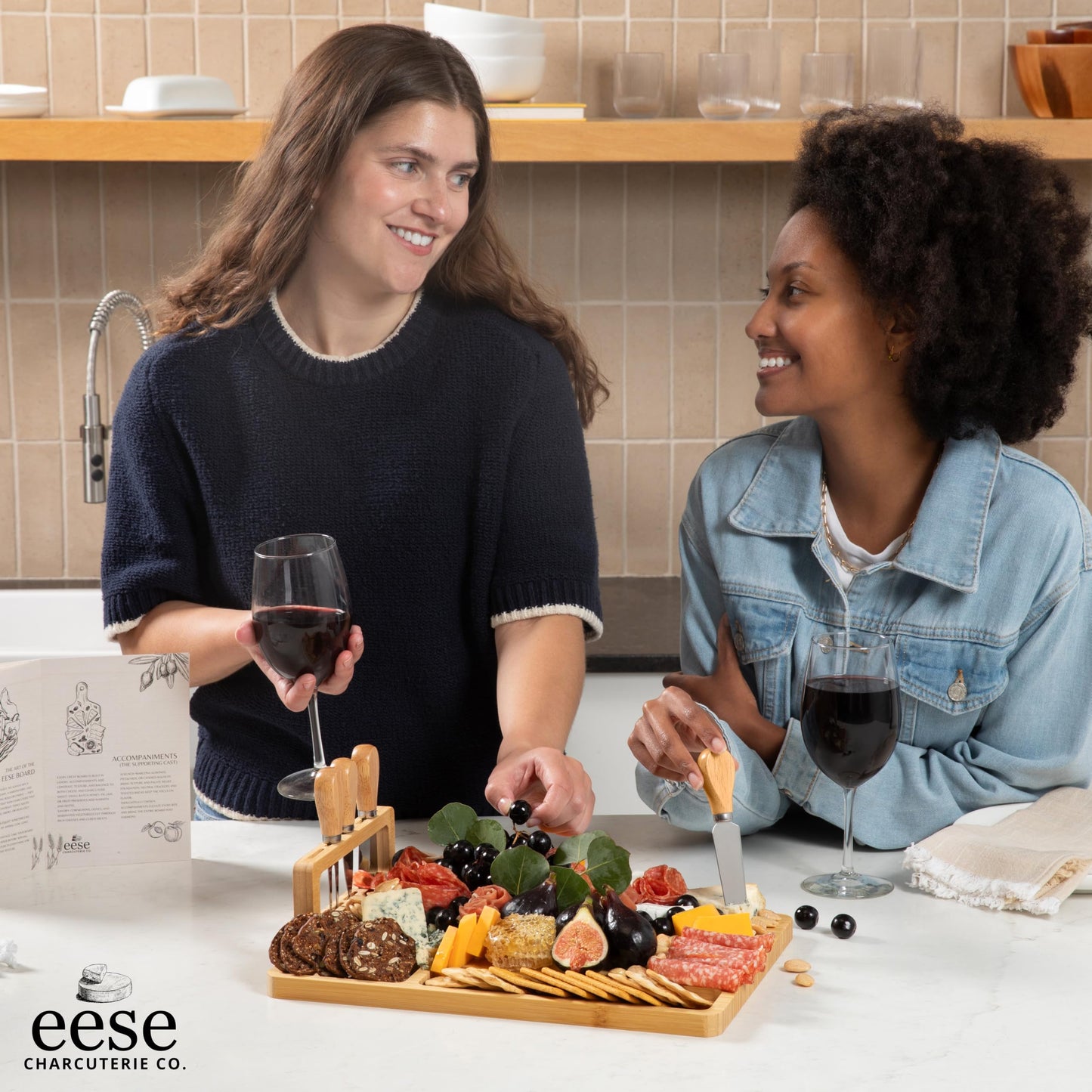 Eese Charcuterie Board Set, 14 x 11 Inch Bamboo Cheese Board with Cheese Knife Set, Deep Groove Serving Tray, Screw-Mount Utensil Holder, Gift for Housewarming & Entertaining