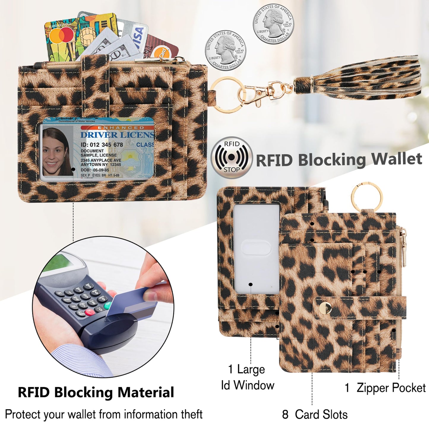 KNGITRYI Wallet Keychain Wristlet for Women,Slim RFID Credit Card Holder Purse Tassel Keychain Bangle Key Ring for Men Women(Leopard)