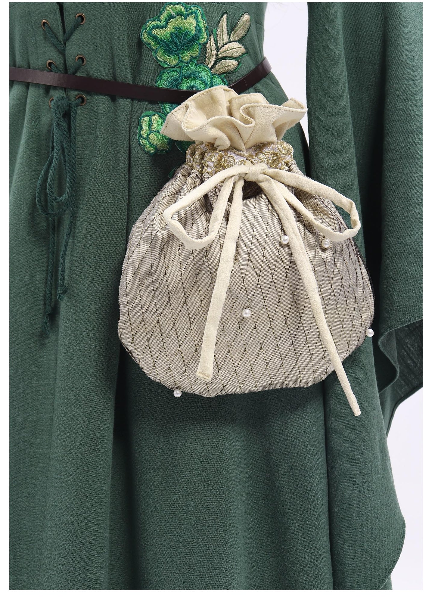Medieval Velvet Pouch with Beads Drawstring Belt Purse Renaissance Waist Coin Bag for Ren Faire (Ivory)