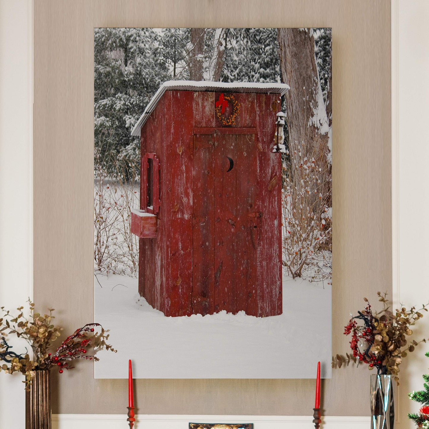Renditions Gallery Xmas Canvas Prints for Home Decor Red Snowy Outhouse Christmas on the Farm Wall Hanging Picture & Prints for Bedroom Dining Living Room Office Home Kitchen Decor - 32"X48" LT18