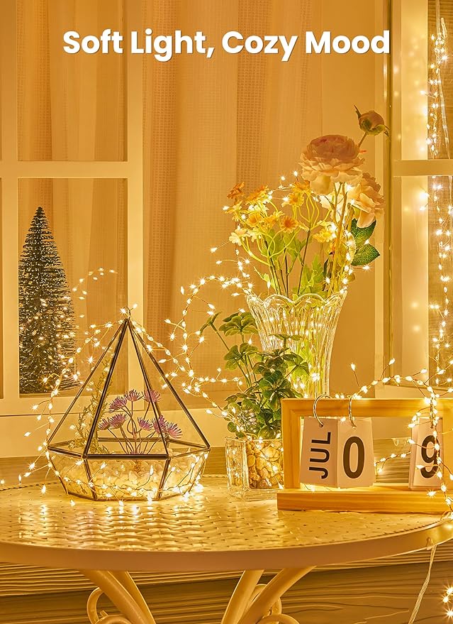 Flowing Fairy Lights Plug in with 14 Modes, 10FT 388LED Twinkle Firecrackers String Lights Indoor, Christmas Tree Cluster Lights Waterproof for Bedroom Garland Christmas Decor, Warm White