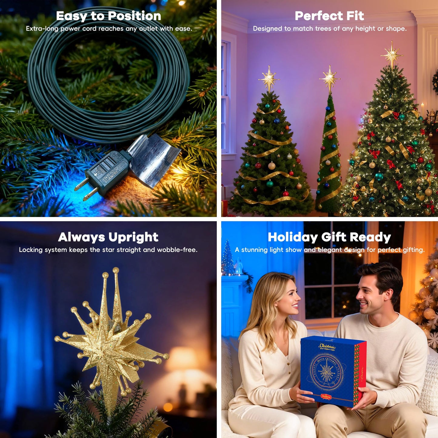 2025 Upgraded Christmas Tree Topper Projector Light with Rotating Bright LED & Wide Coverage, Universal Fit for Any Height Tree, Easy Install, Stable Base, Holiday & Party Decorations (Starlight Gold)