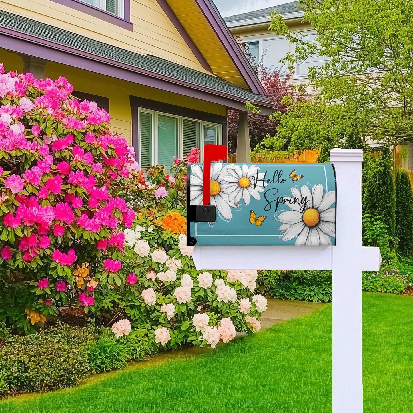 VentuCoven Spring Floral Daisy Mailbox Cover Magnetic Standard Size 21x18 in Floral Butterfly Post Letter Box Cover Decorations for Outside Garden Yard Blue