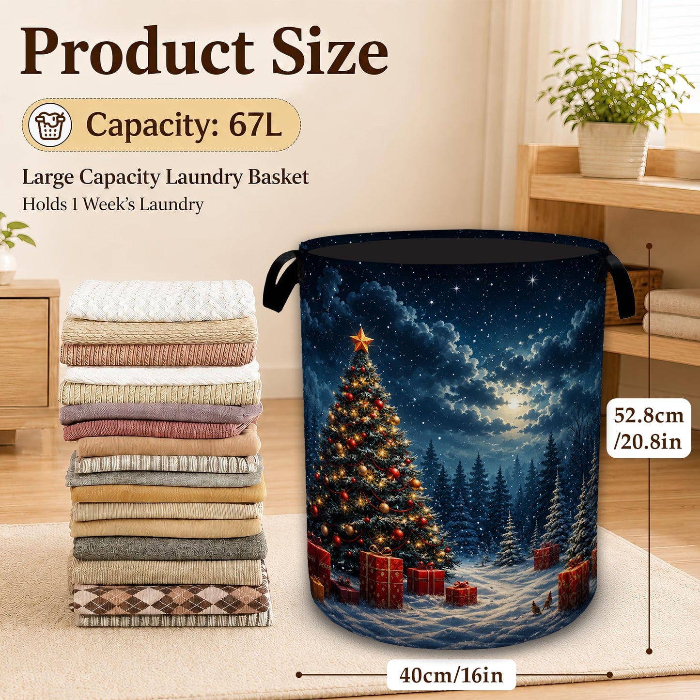 Christmas Tree Collapsible Laundry Hamper for Bedroom，Winter Night Freestanding Oxford Clothes Basket, Large Foldable Storage Bin with Easy-Carry Handles for Bathroom Dorm Laundry Room