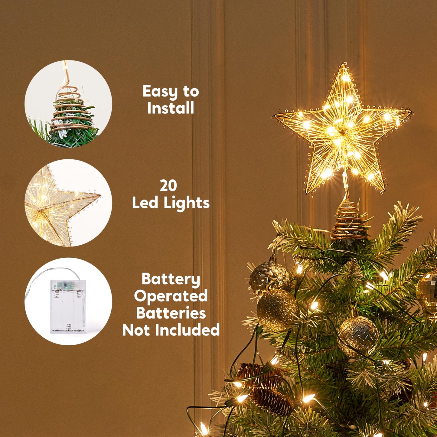 Joiedomi Christmas Tree Toppers 8" Gold Metal Star Decor with Battery Powered Treetop Ornaments with Warm White LED Lights for Xmas Holiday Party Indoor Decorations