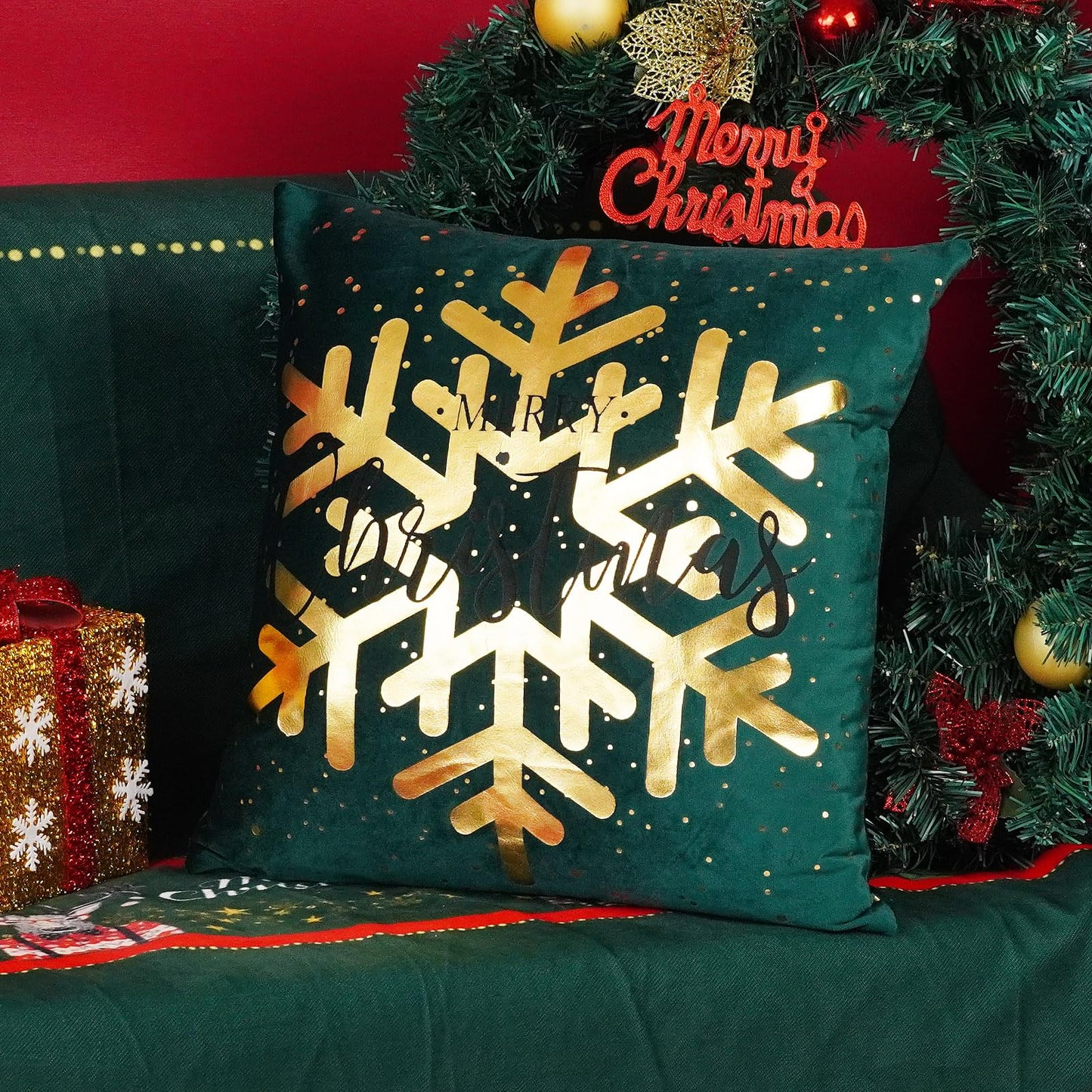 ONWAY Green Christmas Decorations Gold Throw Pillow Covers 20x20 Set of 4 Snowflakes Reindeer Decorative Cushion Cases Xmas Golden Decor for Couch Sofa Bedroom