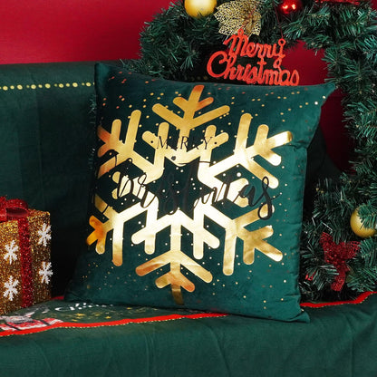 ONWAY Green Christmas Decorations Gold Throw Pillow Covers 20x20 Set of 4 Snowflakes Reindeer Decorative Cushion Cases Xmas Golden Decor for Couch Sofa Bedroom