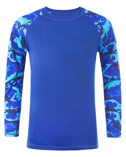 DRONIRING Boys' UPF 50+ Rash Guard Swim Shirts, Youth Kids UV Sun Protection Long Sleeve, Water Shirts for Fishing Beach Ocean Blue