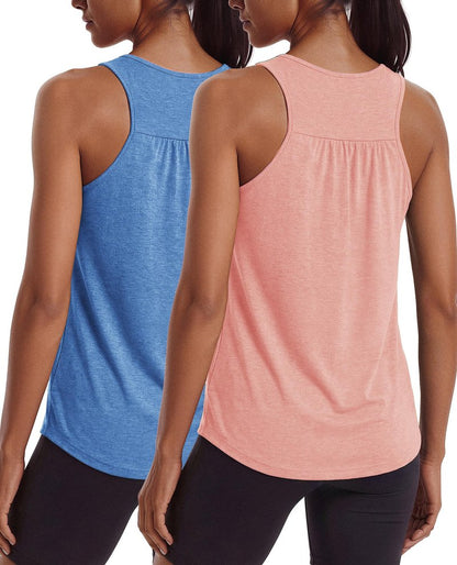 PINSPARK Athletic Tank Tops for Women Sleeveless Racerback Workout Shirts Lightweight Running Tennis Pickleball Outfits 2 Pieces,Blue/Coral L