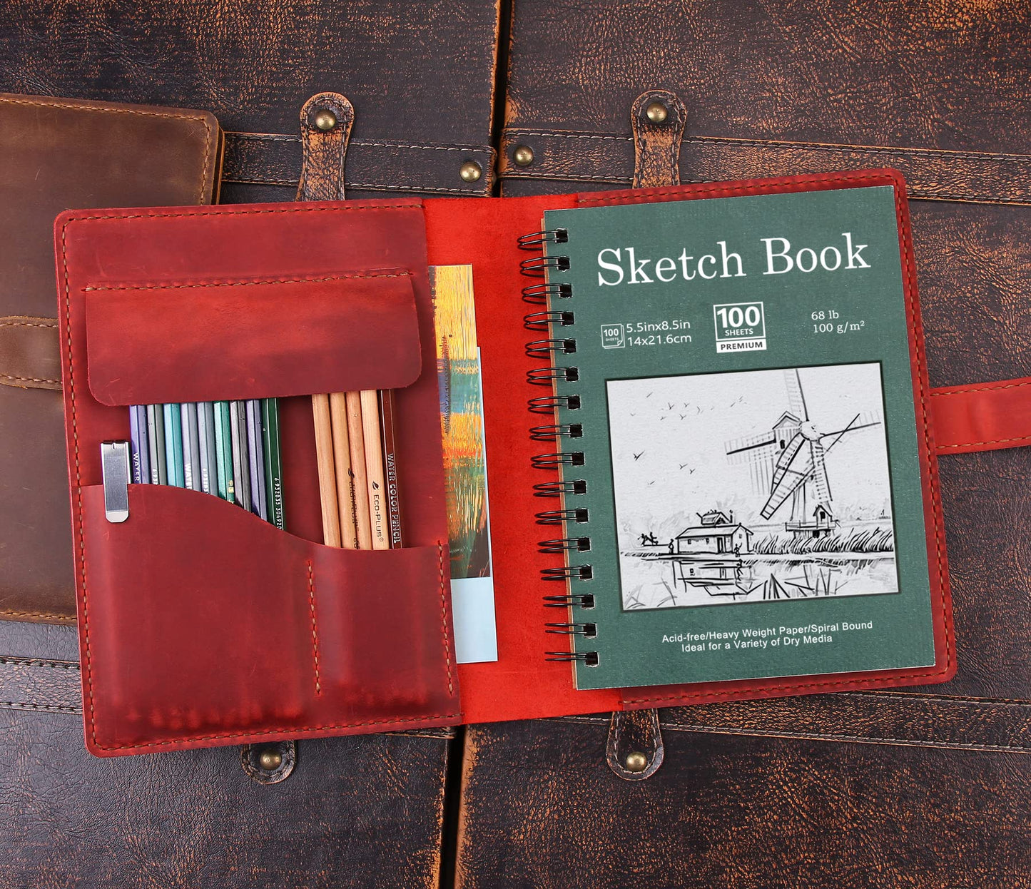 Robrasim Handmade Leather Sketchbook Cover, Leather Artist Sketch Pad Cover for 5.5" x 8.5" Sketchbook, Drawing Book and Pencil Case, Journal Notebook Portfolio, Artis Gifts-Wine
