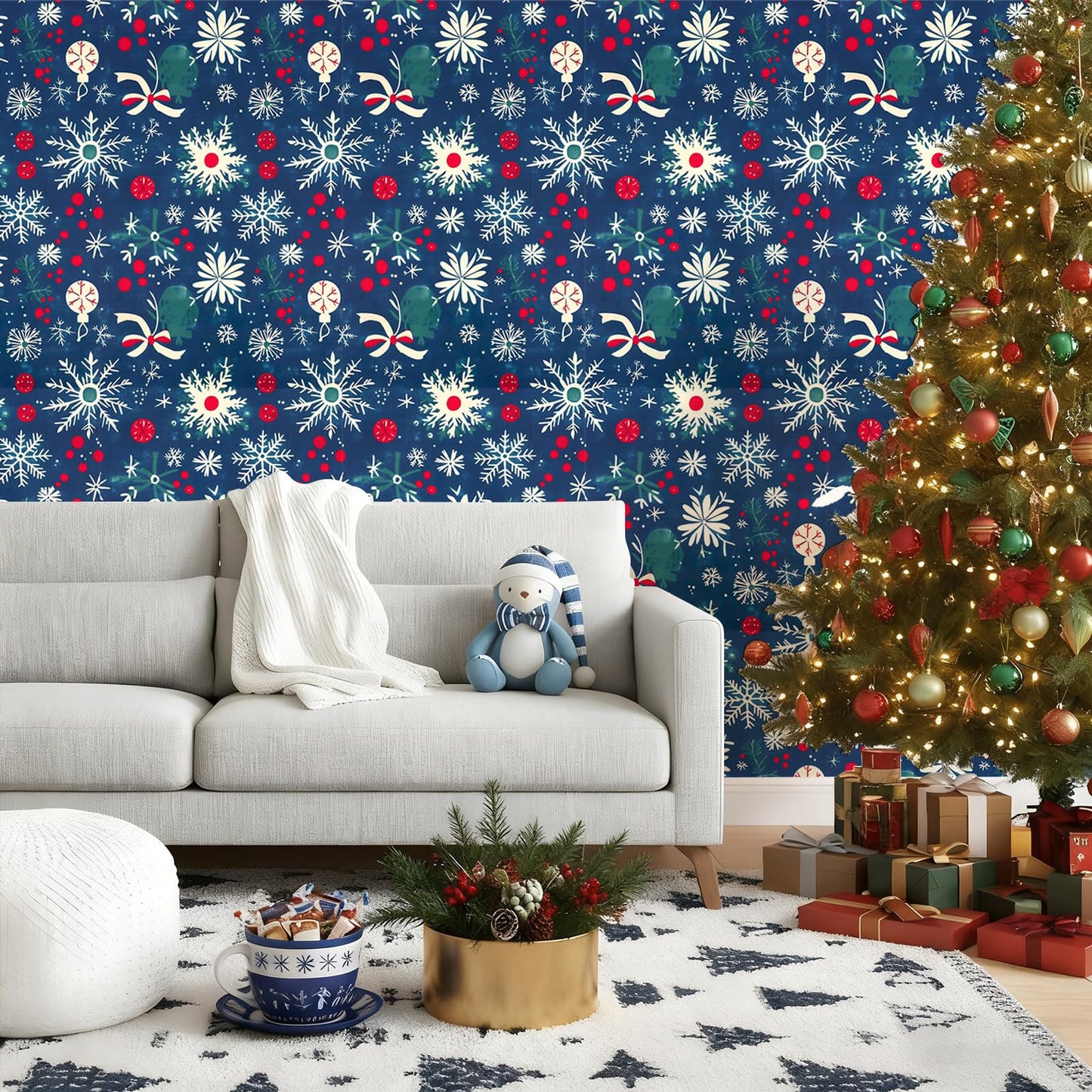 Christmas Peel and Stick Wallpaper Snowflake & Ornament Contact Paper Green Holiday Wall Paper Decor Removable Self-Adhesive Wallpaper Vinyl Christmas Decoration for Countertop Cabinets 17" x 196.8"