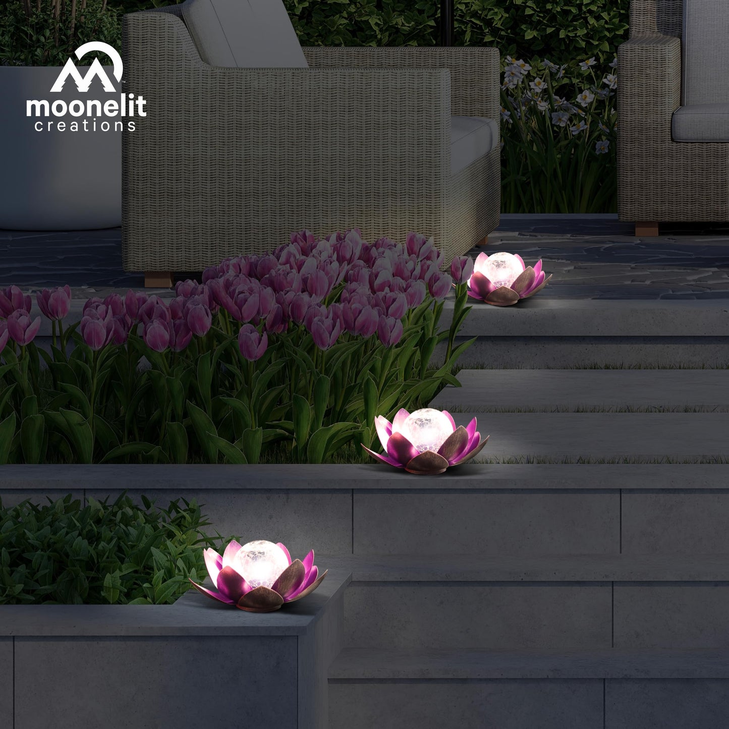 MooneLit Creations MCSLOTUS-V Violet Lotus Flower Solar LED Garden Light with Crackled Glass Globe – Waterproof Metal Outdoor Décor