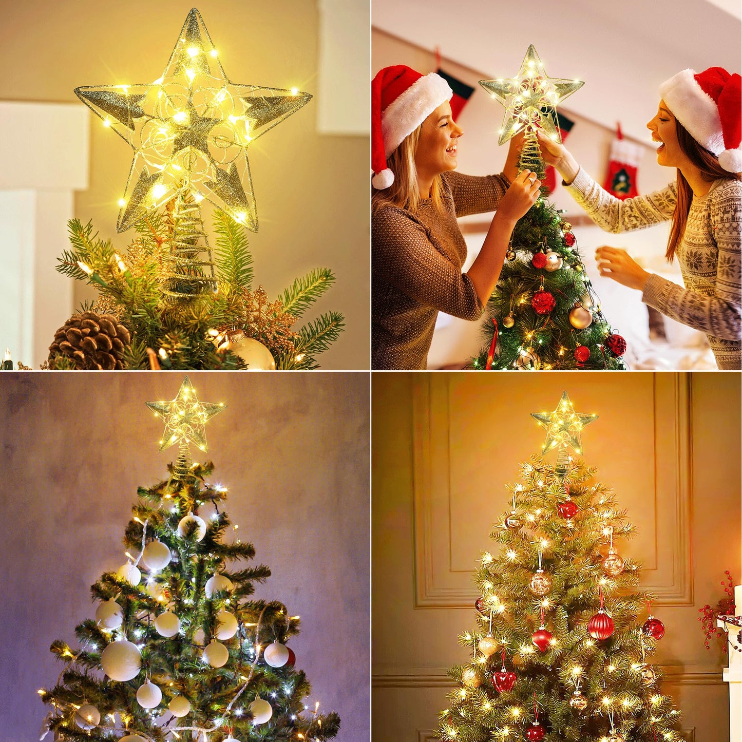 Brizled Gold Christmas Tree Topper Lights, 8" Hollow-Out Star Tree Topper with 20 LED Warm White Lights, Battery Powered Xmas Tree Topper 5 Point Star Treetop for Christmas Tree Home Party Decor