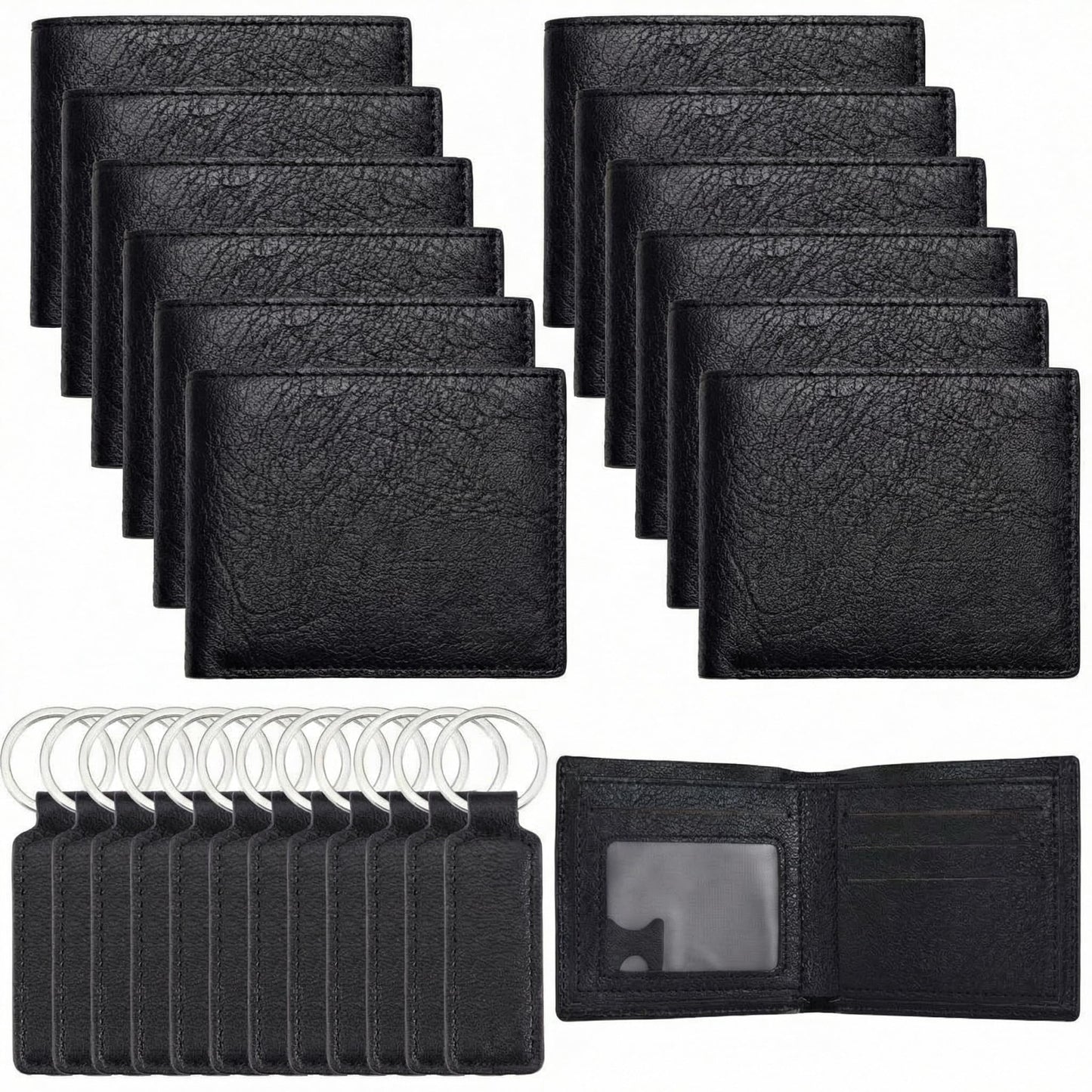 Frienda 12 Sets Fathers Day Black Leather Photo Wallet and Keychains for Men PU Leather Bifold Wallets with Pockets Gifts Church Bulk for Husband Son Dad