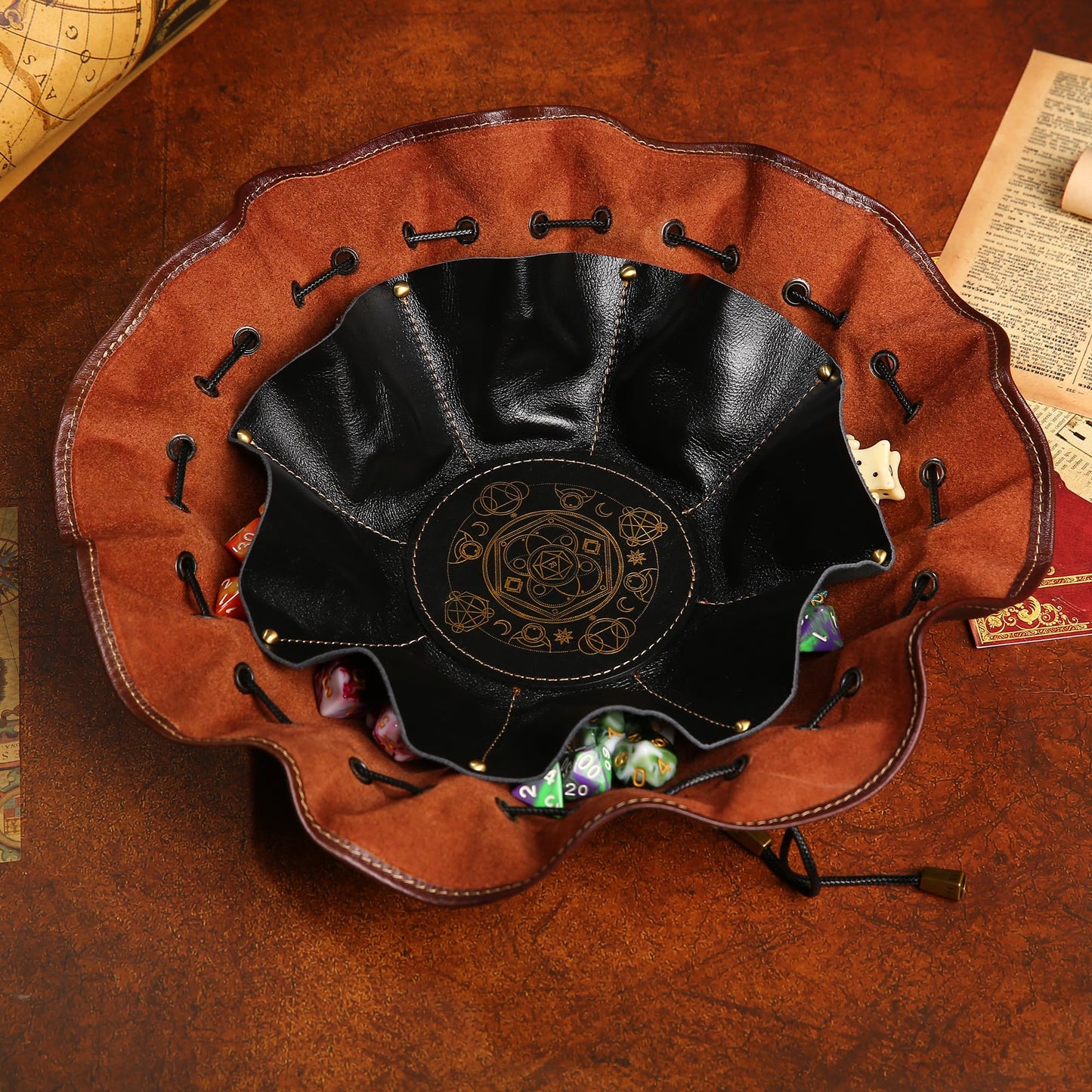 Chuleag Full-Grain Leather Dice Pouch with Built-in Rolling Tray, Magic-Themed, Large Capacity Collector's Organizer for D&D, RPGs & Dice Enthusiasts